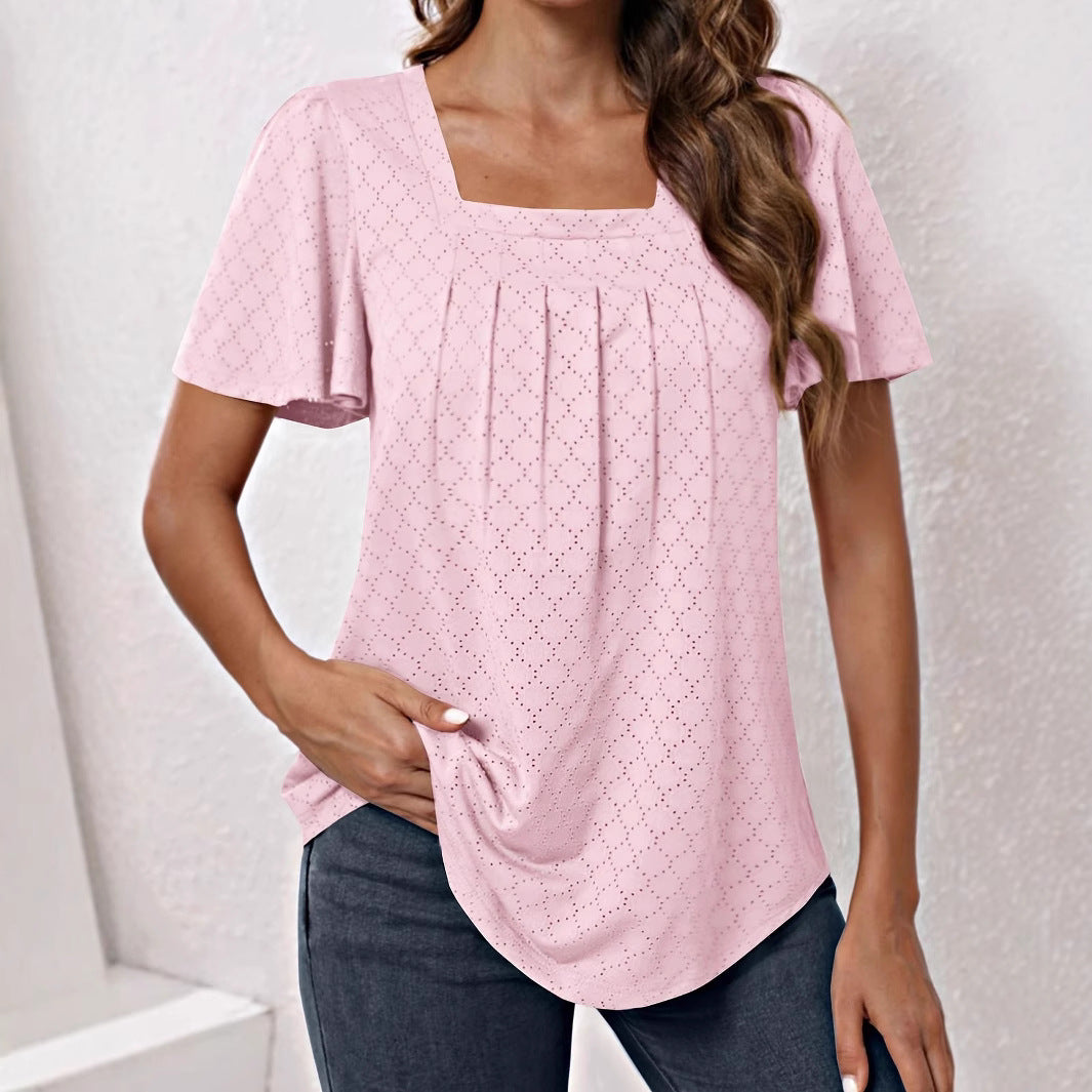 Women's Summer Solid Color Pullover Pleated Jacquard Fashion Women's T-shirt
