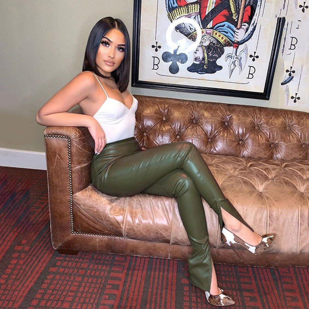 Women's Elastic Leather Sexy Slim Fit Slit Pants