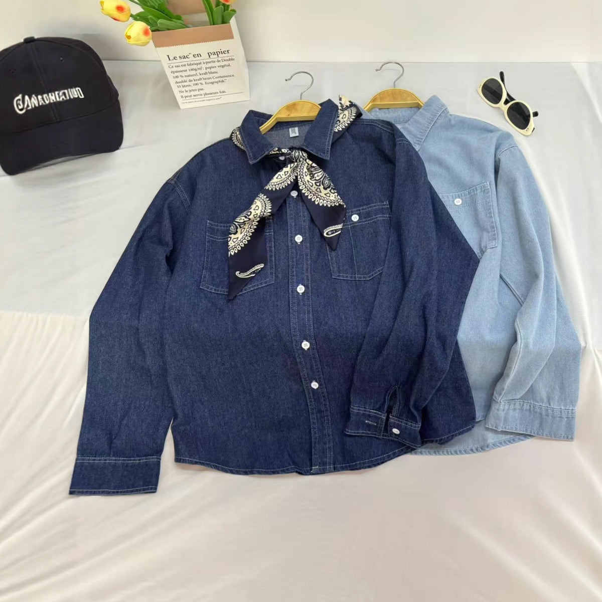 Women's Solid Color Denim Shirt Long Sleeve Blouse