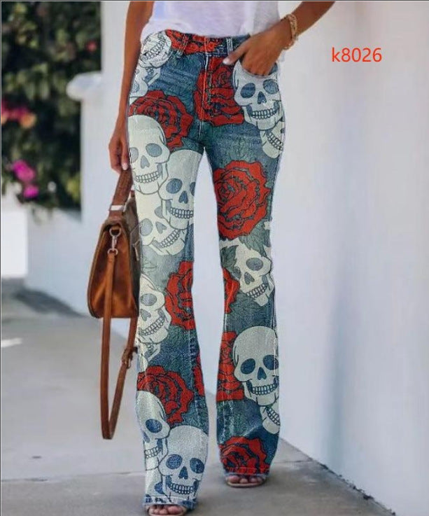 Pretty Women's Large Printed Denim Thin Jeans
