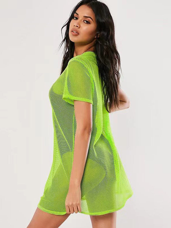 Women's Sexy Cutout Mesh Hot Fluorescent Swimsuit Base Dress Lace Shirt, Chiffon Shirt