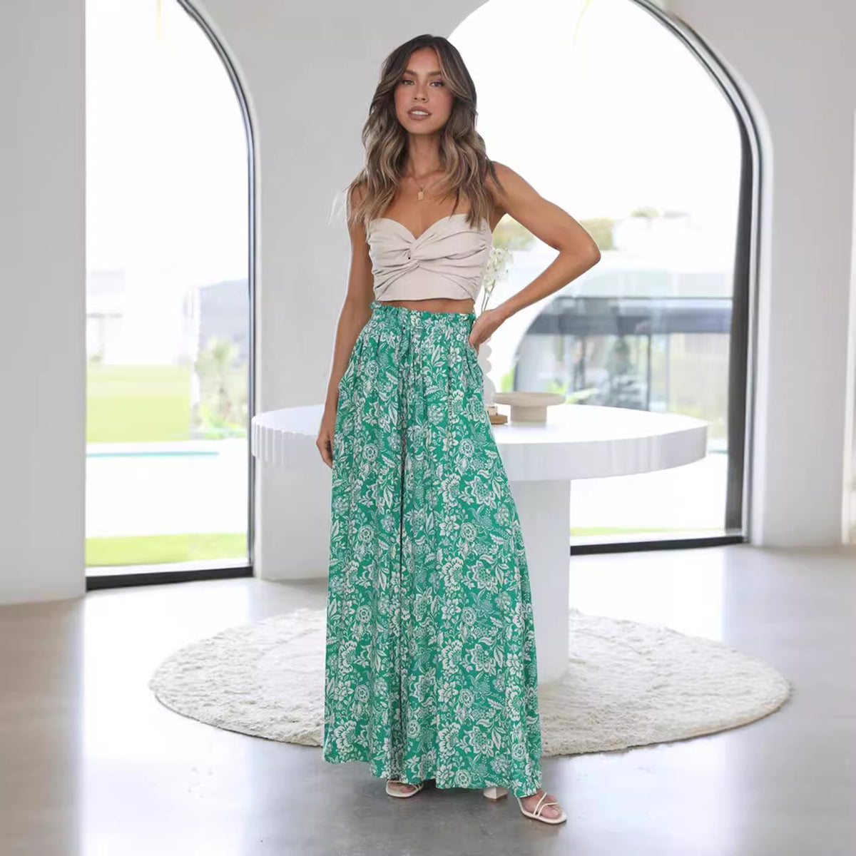 Women's Summer Printed Trousers Elastic Waistband Wide Leg High Casual Pants