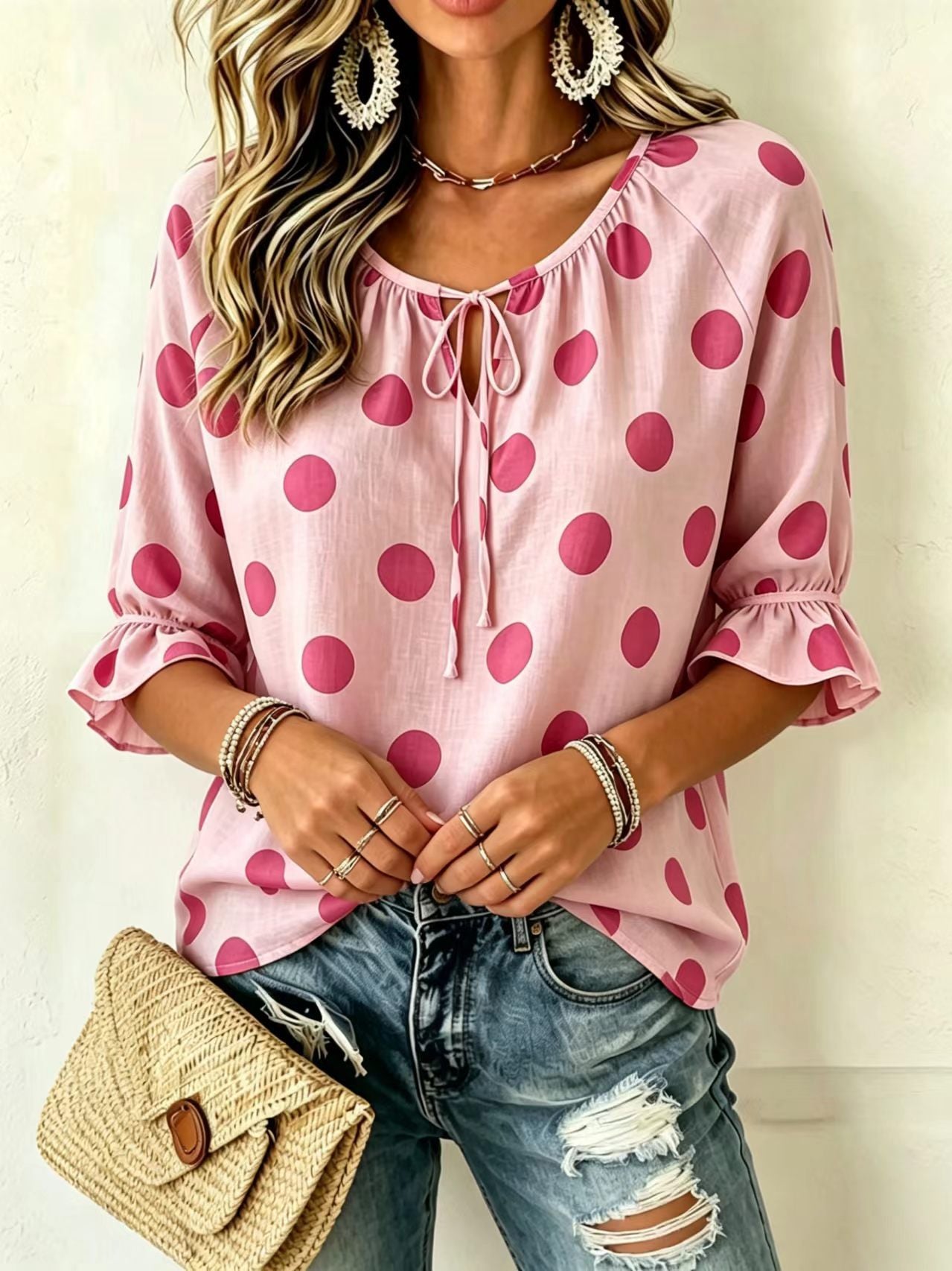 Women's Summer Printed Polka Dot Round Neck Tied Tops