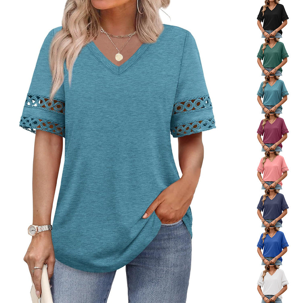 Solid Color Lace Stitching Sleeve Loose Women's T-shirt