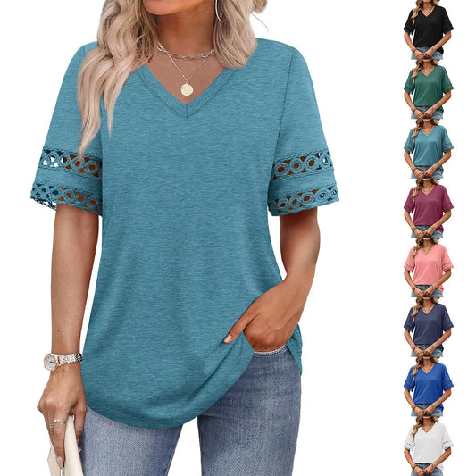 Solid Color Lace Stitching Sleeve Loose Women's T-shirt