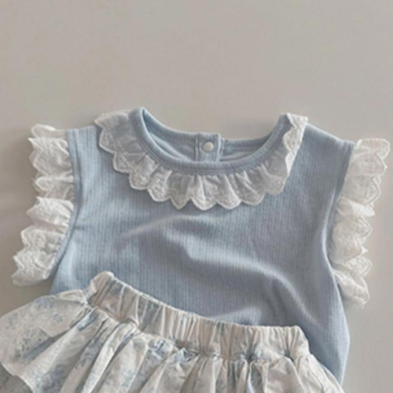 Short Sleeves Floral Bloomer With Skirt Korean Cute Children's Suit