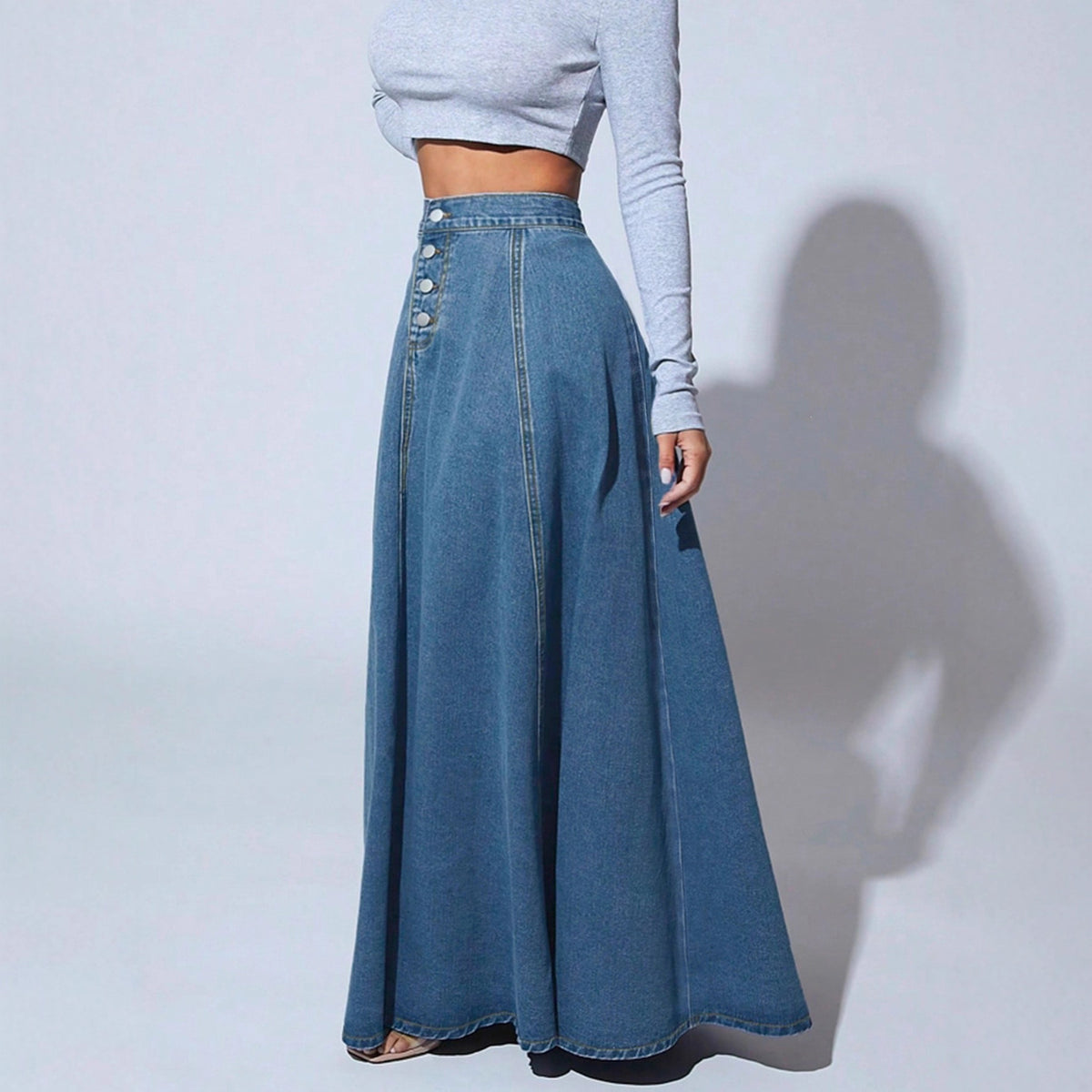 Versatile Women's Denim Design Single-breasted Line Skirt