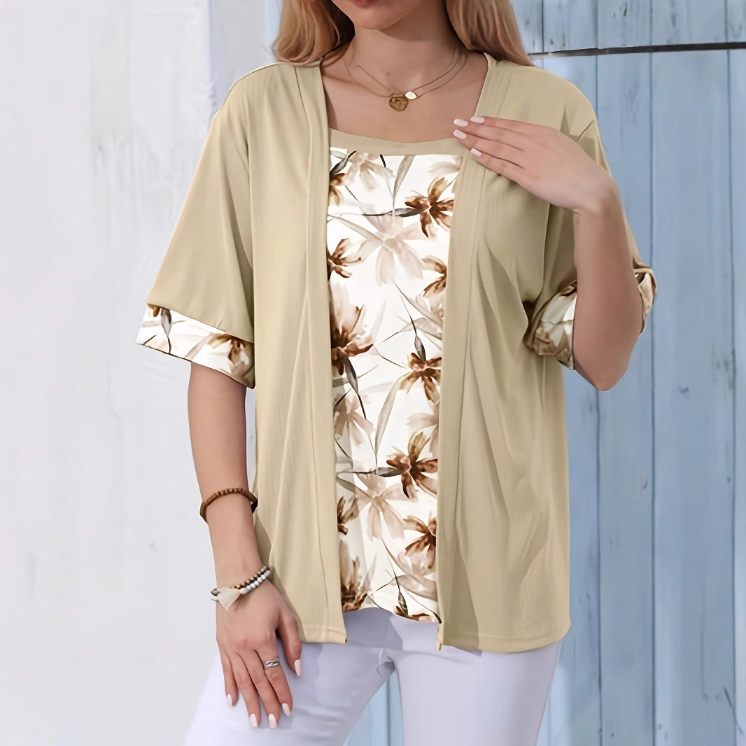 Women's Solid Color Printing Stitching Faux Two-piece Plus Size