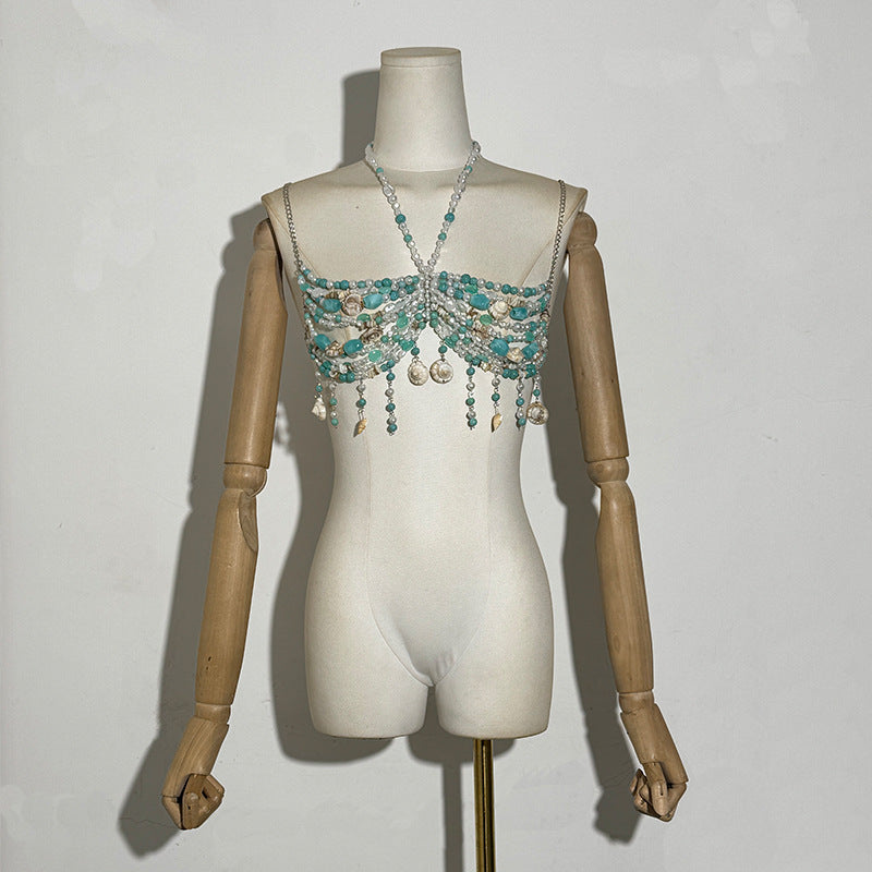 Fashion Beaded Halter Cut-out Gem Pearl Shell Backless Underwaist Sexy Tops