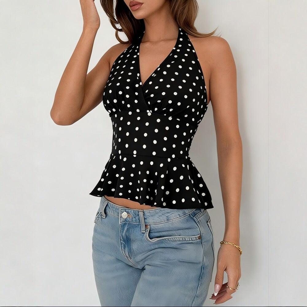 Retro Dots Printed Halter Backless Sexy Sling Elegant Tops