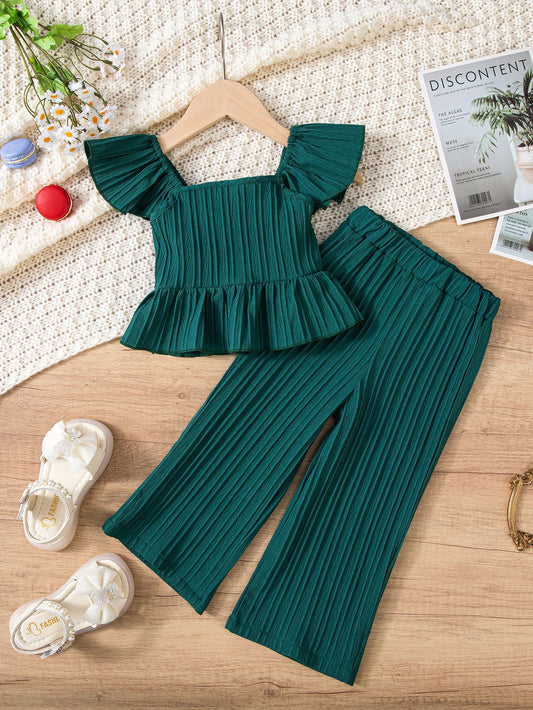 Shirt Flying Sleeve Top Solid Color Texture Children's Suit