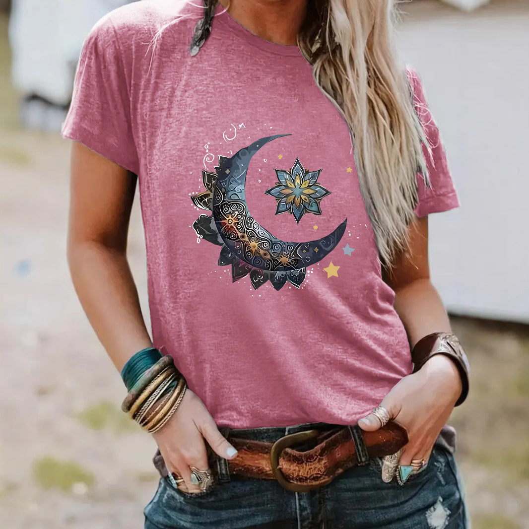 Women's Round Neck Fashion Moon Loose Sleeve Tops