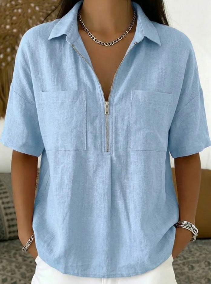 Loose Lapels Solid Color Sleeve Casual Shirt Zipper Patch Blouse