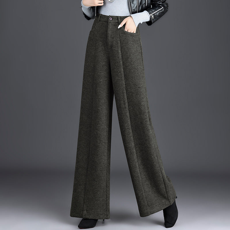 Women's Woolen Straight Fashion High Waist Slimming Narrow Casual Pants