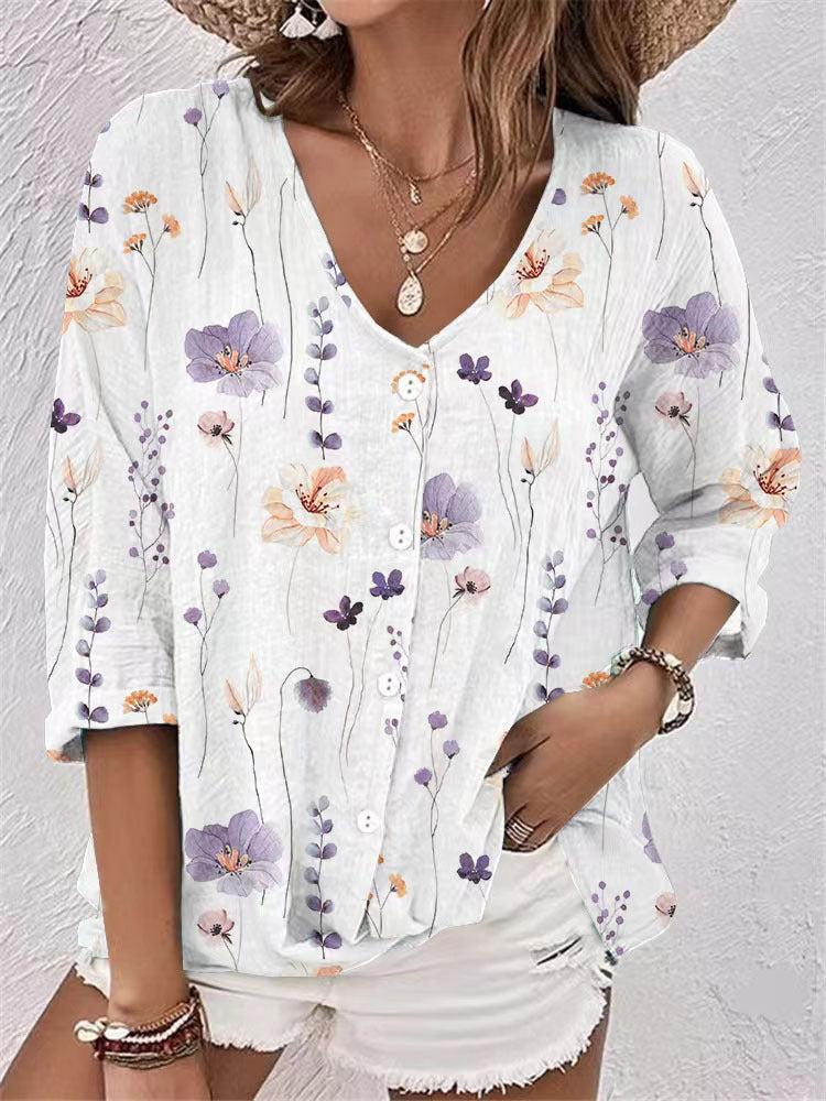 Casual Women's Buttons Printed Long Sleeve Lace Shirt, Chiffon Shirt