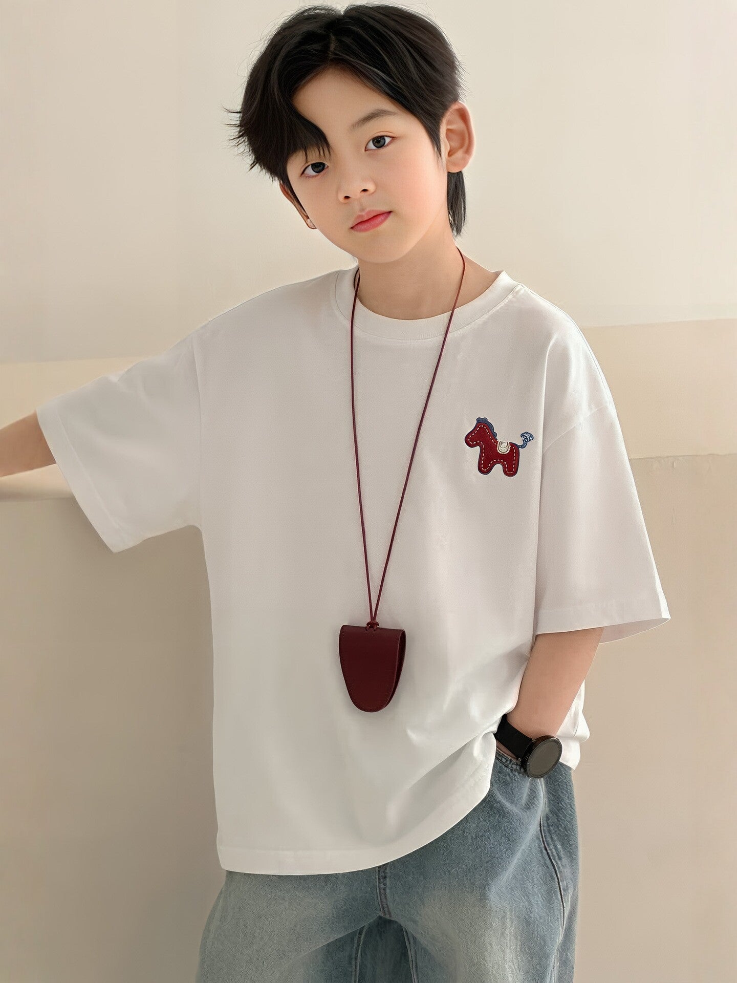 Children's Short-sleeved Korean Style Loose Cotton Fashionable Medium Big White Children's T-shirt