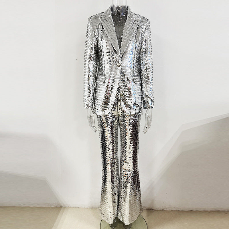 One Button Mesh Sequins Two-piece Set Fashion Casual Suit
