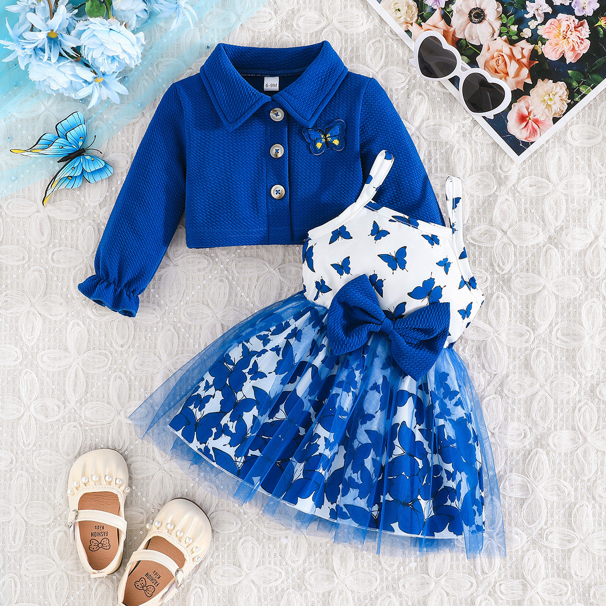 Set Long Sleeve Coat Animal Pattern Printed Bow Tulle Children's Dress