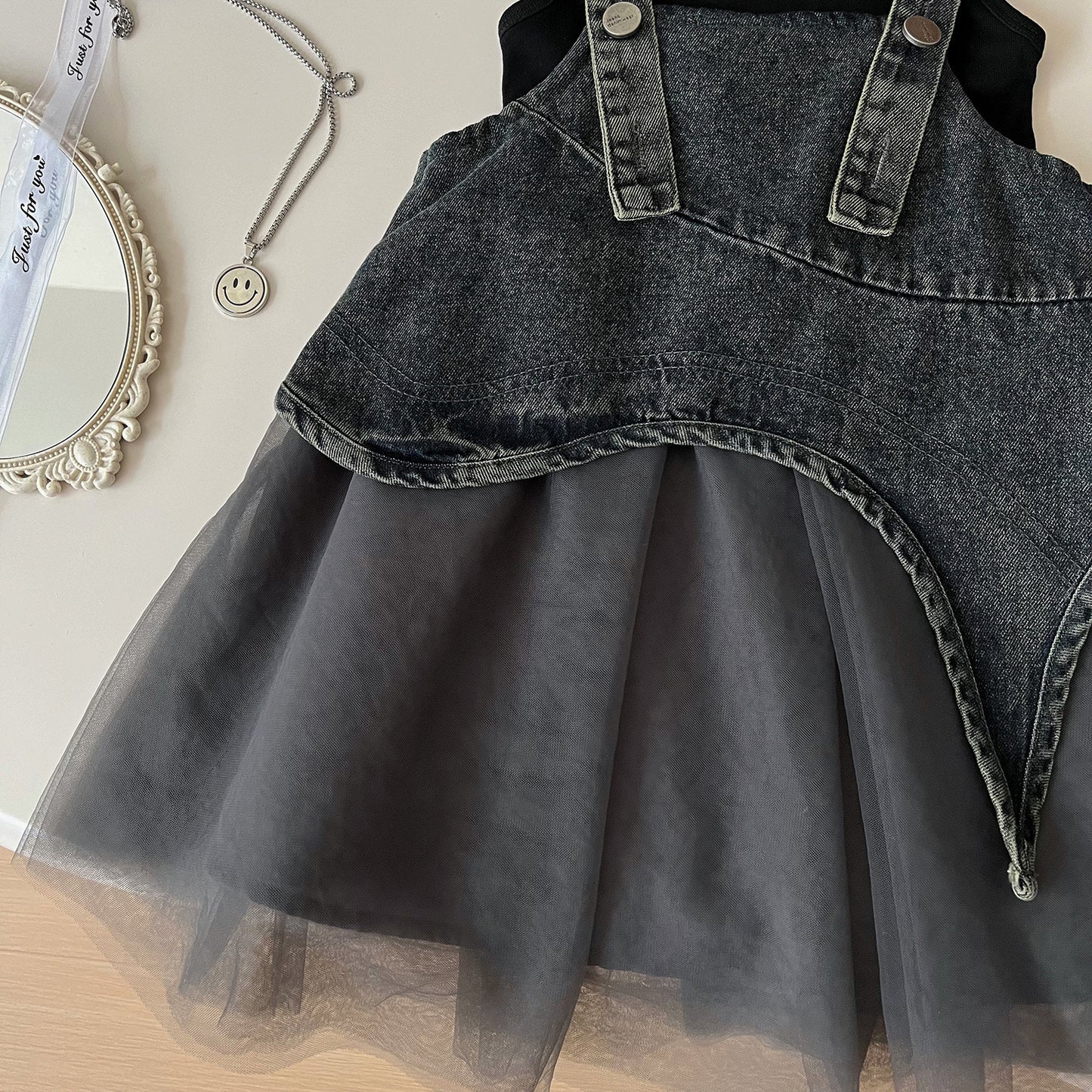 Korean Style Denim Mesh Two-piece Cute Children's Dress