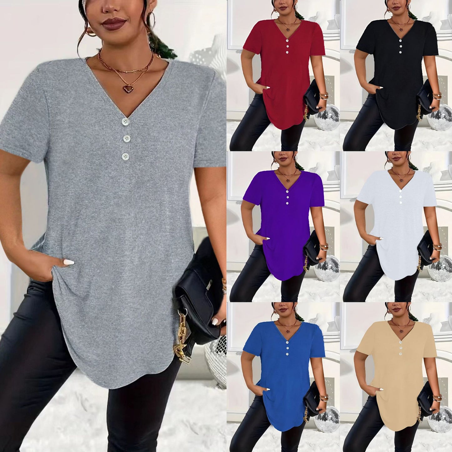 Women's Spring Fashion Solid Color Button Sleeve Women's T-shirt