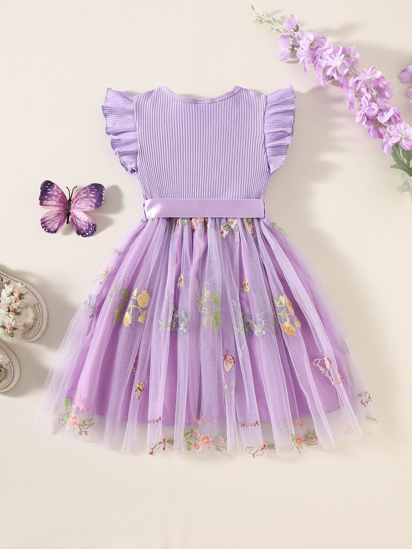 Children's Flounced Sleeve Flower Embroidered Mesh Little Princess Children's Dress
