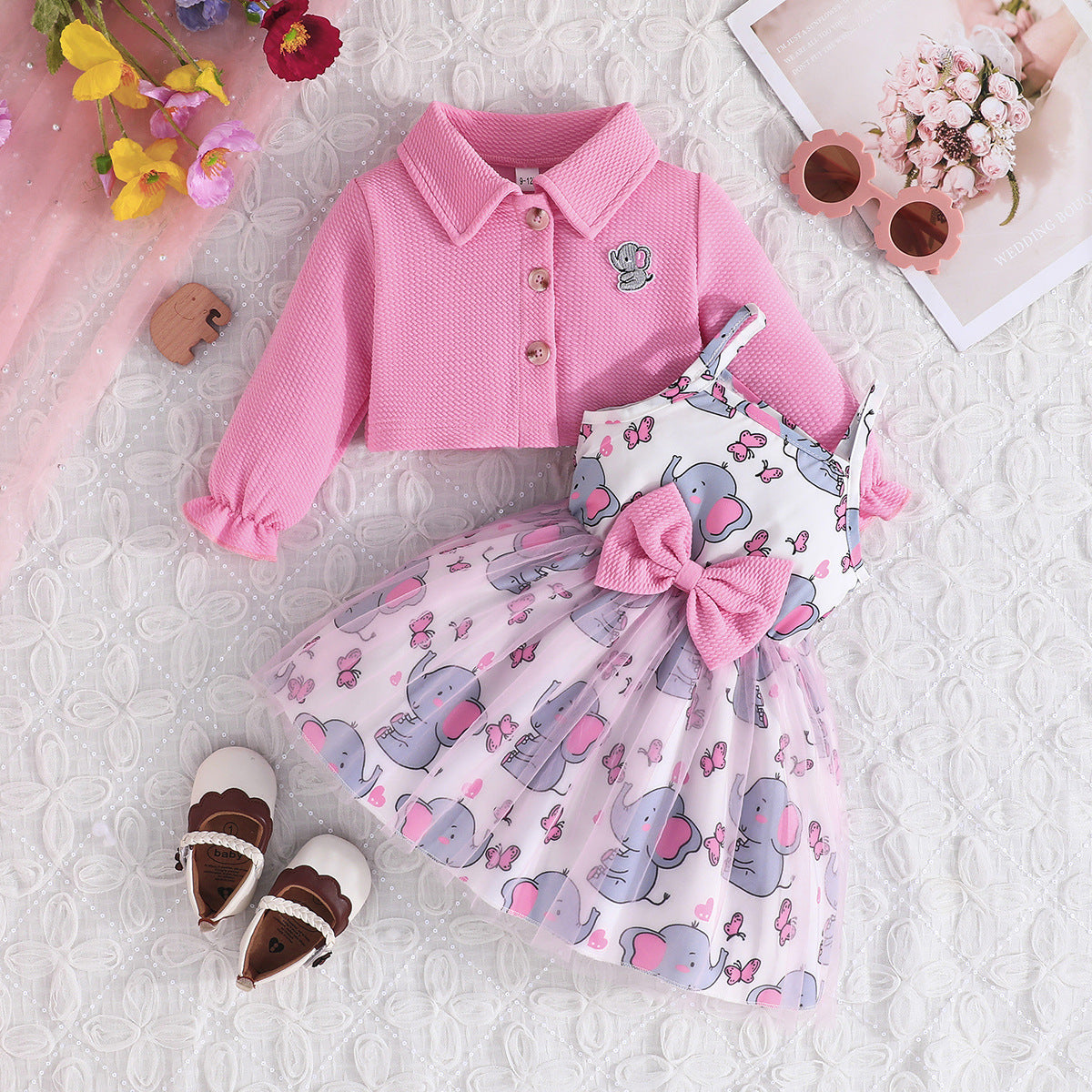 Set Long Sleeve Coat Animal Pattern Printed Bow Tulle Children's Dress