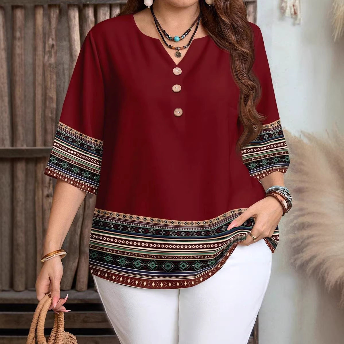 Women's Casual Printed Fastener Decoration Loose Sleeves Large Size T-shirt