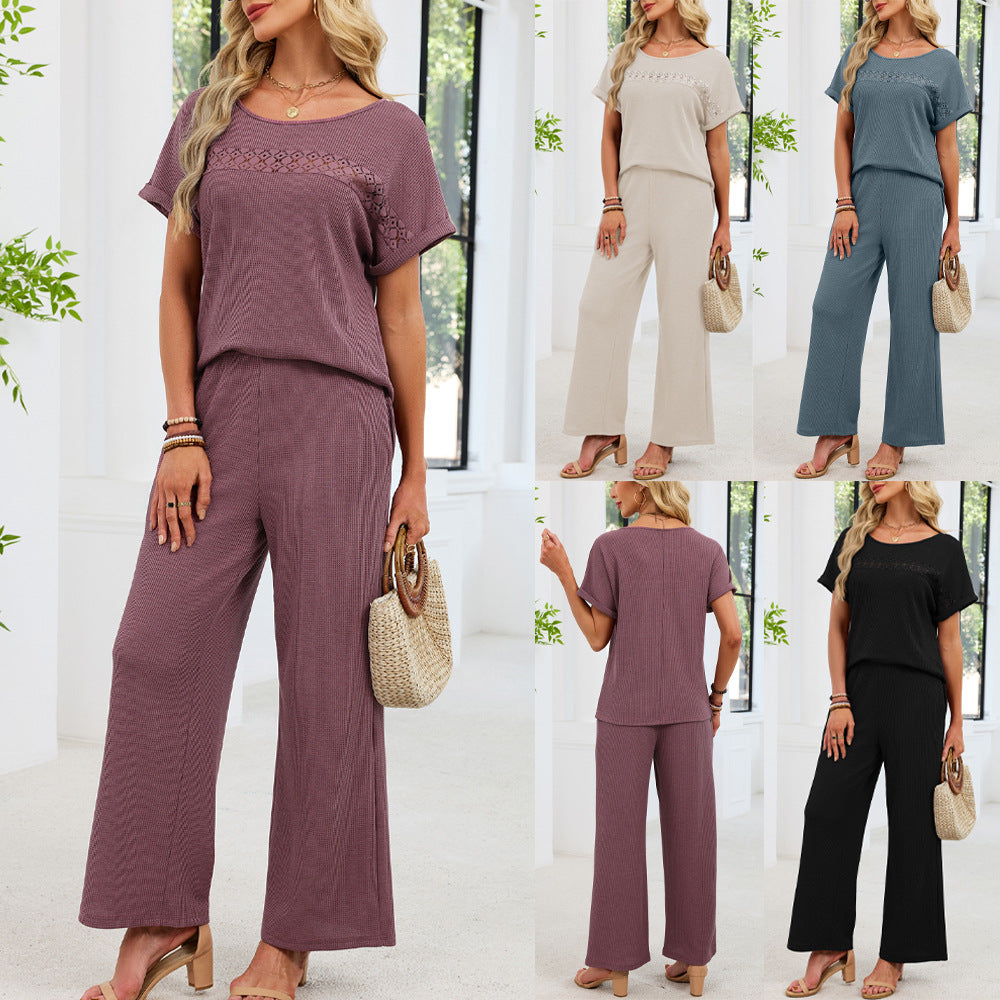 Women's Solid Color Round Neck Lace Ruffled Sleeves Fashion Casual Suit