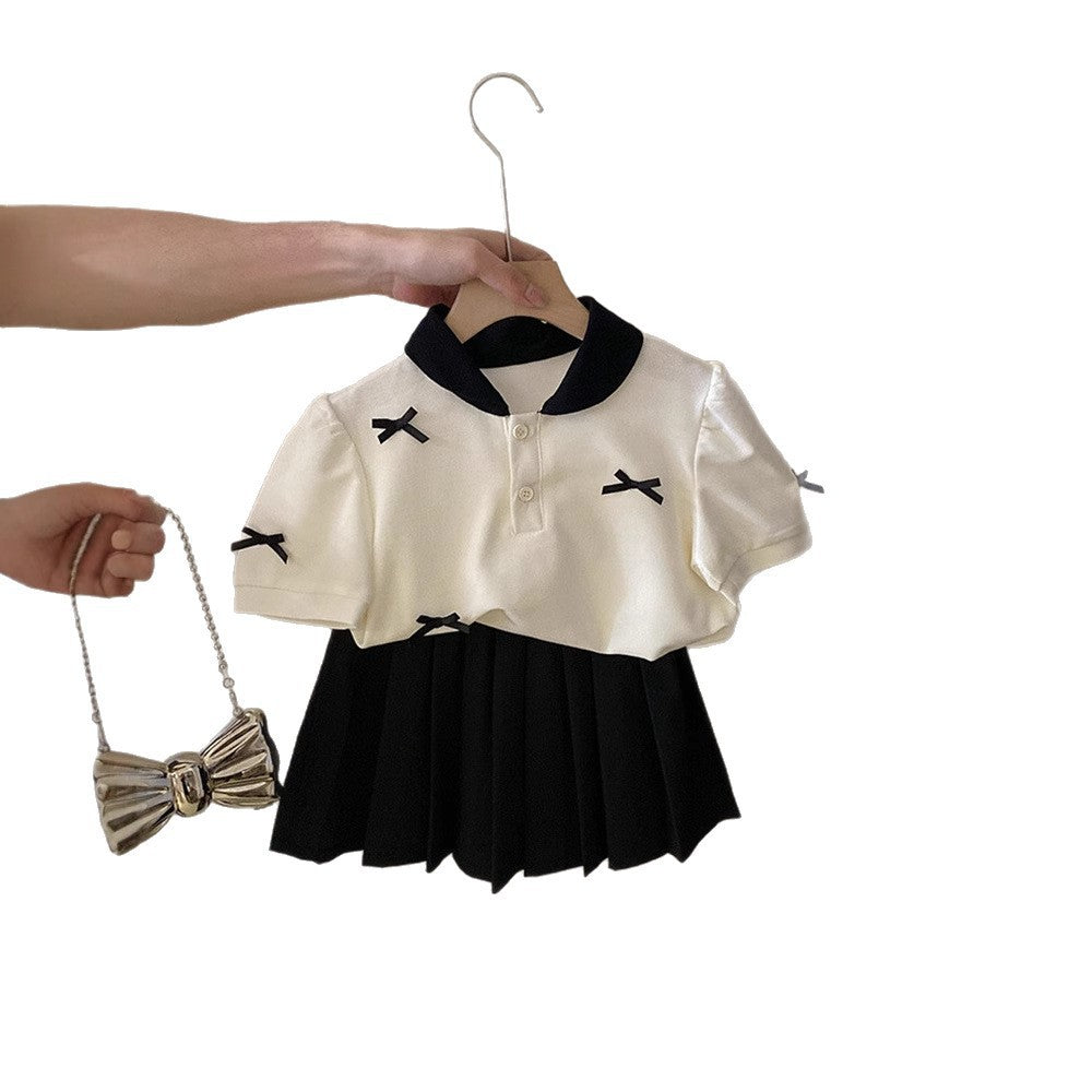 Summer Bow Short-sleeved Shirt Pleated Skirt Children's Suit