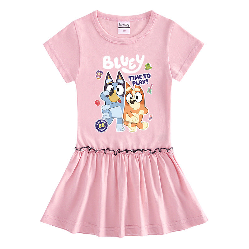 Children's Clothing Cartoon Half Sleeve Contrast Color Fashionable Pleated Children's Dress