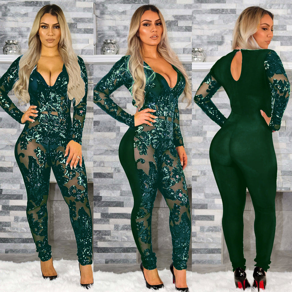 Slim Fit Sequin Deep V One-piece Nightclub Uniform