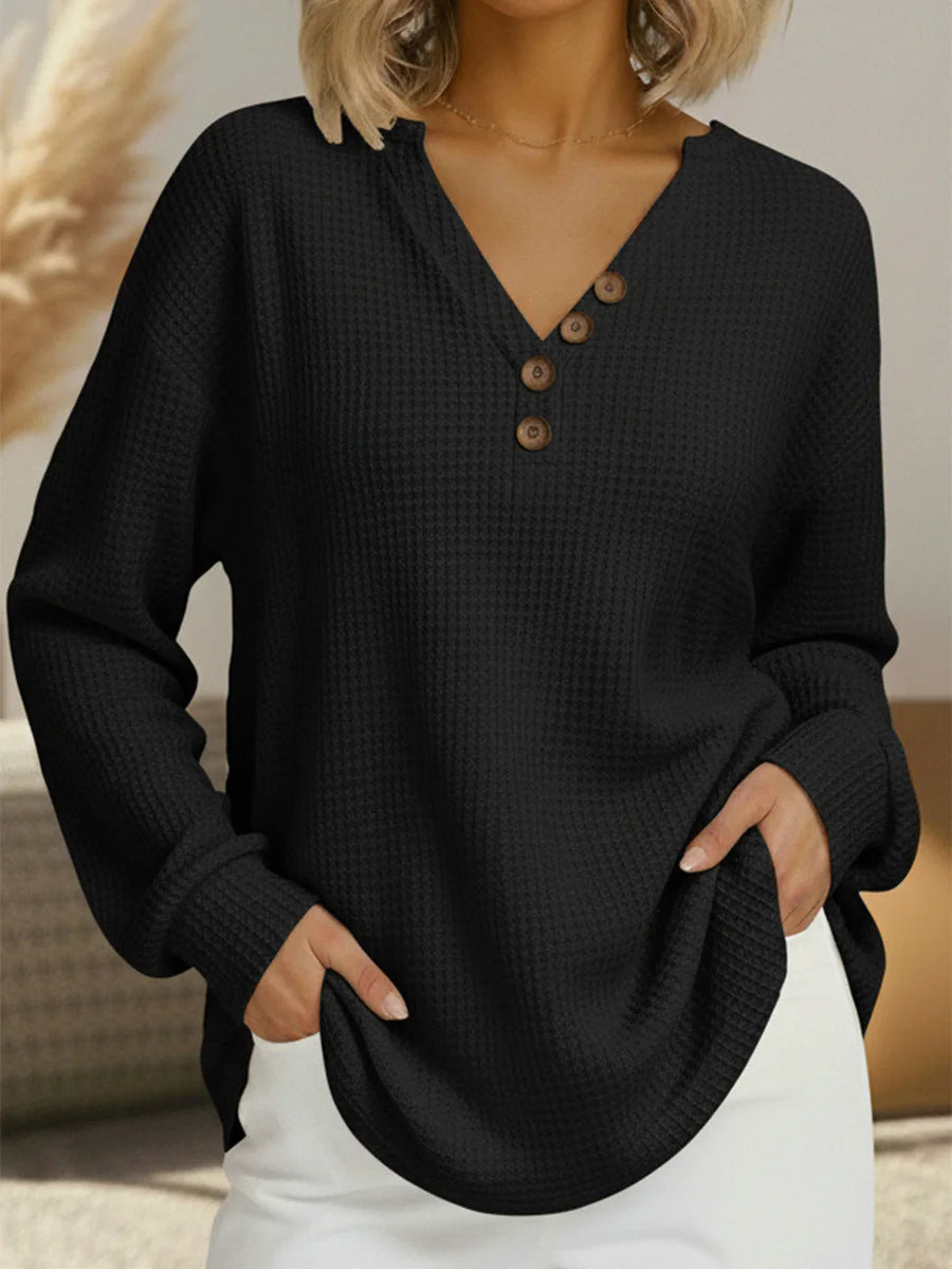 Women's Fashion Casual Button Waffle Long Sleeve Sweatshirt Women's T-shirt