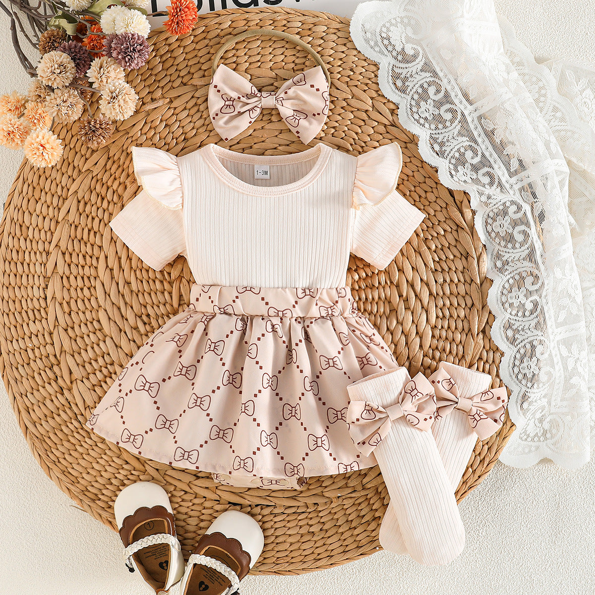 Sunken Stripe Flounced Sleeve Romper Same Color Jumpsuit, Climbing Suit