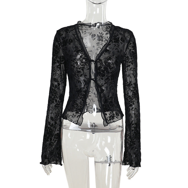 Women's Fashion Classic Style Elegant Pleated Bell Sleeve Lace Shirt, Chiffon Shirt