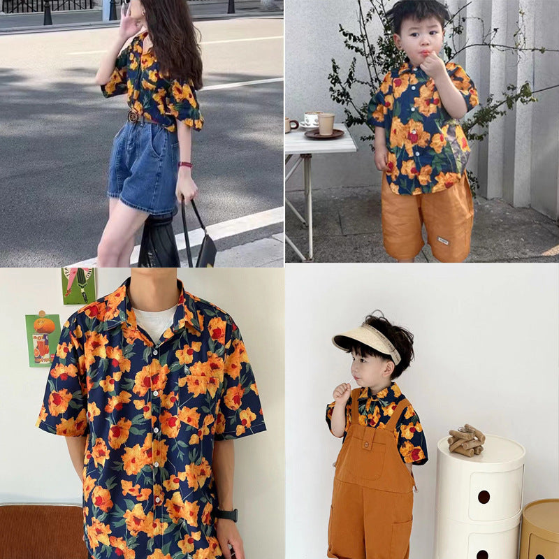 Children's Short-sleeved Shirt Wear Summer Flower Print Loose Design Niche Parent-child Outfit