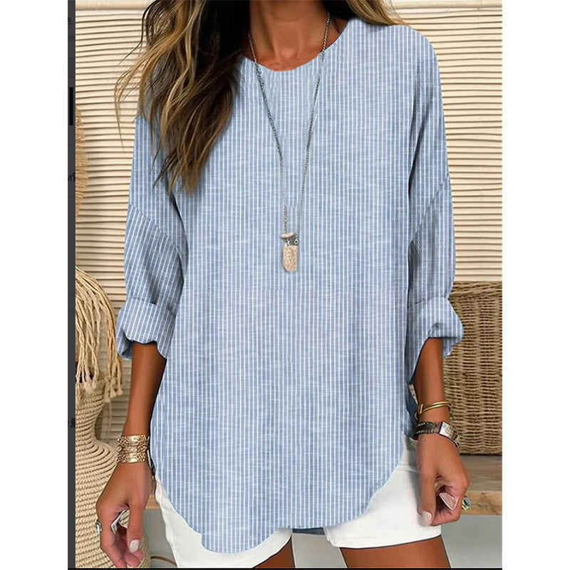 Women's Stripe Design Loose Long Sleeve Round Blouse