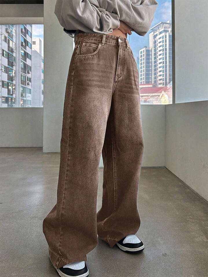 Women's Waist Straight Coffee Color Washed Retro Loose American Gradient Brown Women's Jeans