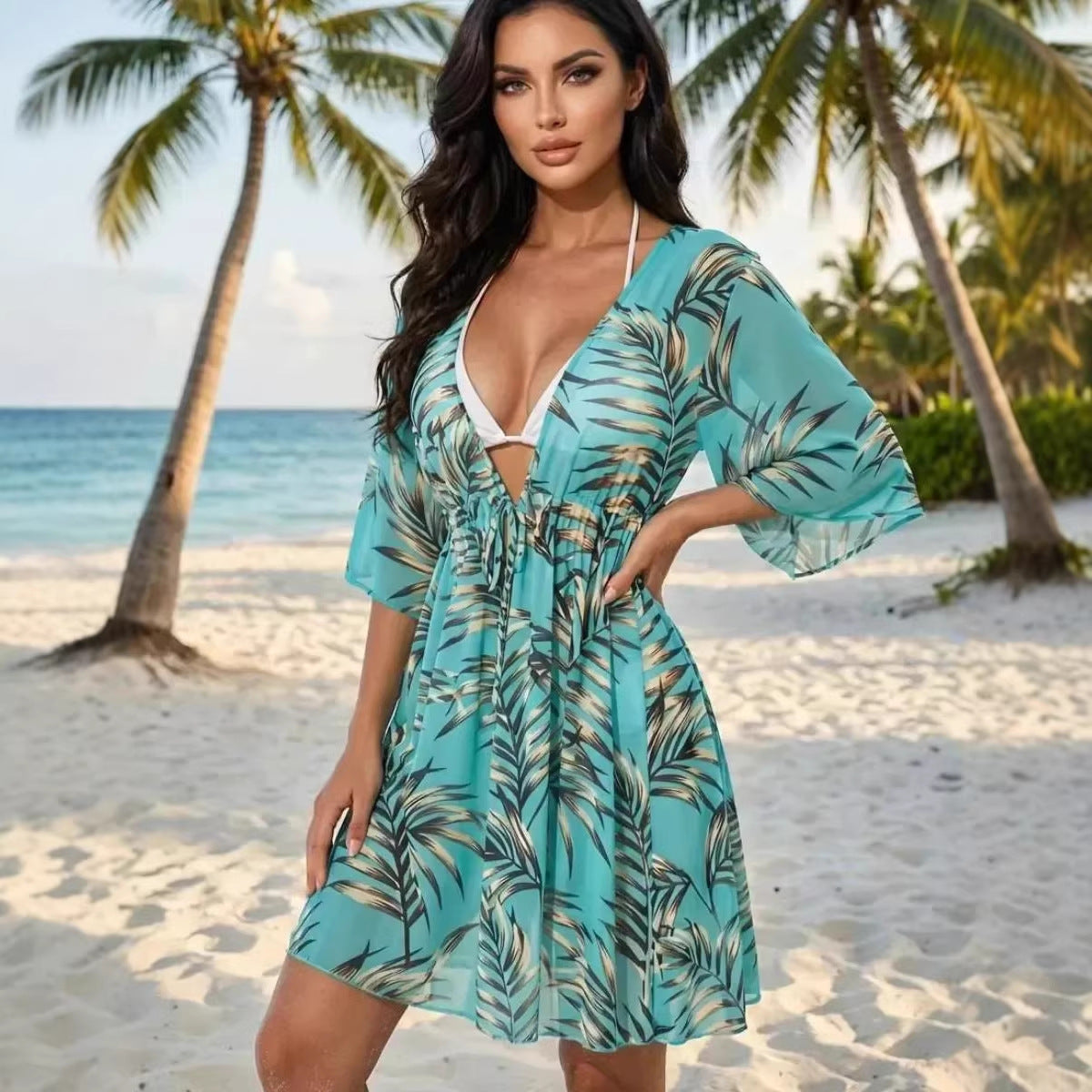 Women's Seaside Vacation Swimsuit Mesh Sexy Printed Blouses
