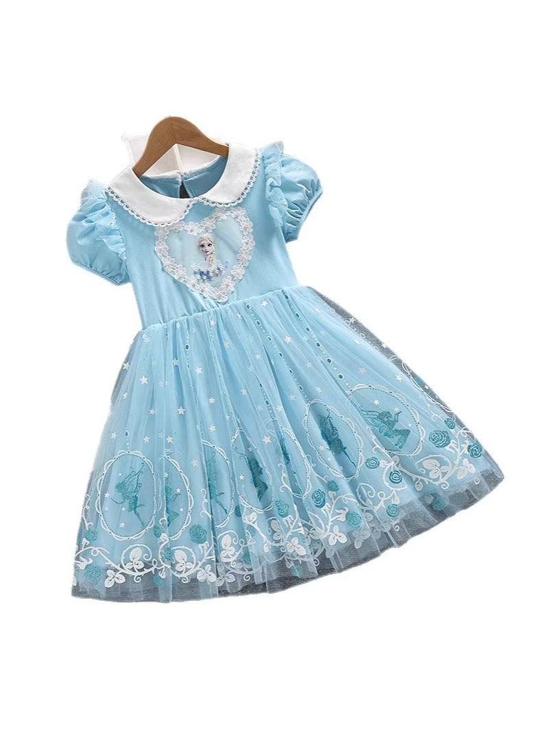 Frozen Elsa Summer Princess Skirt Short-sleeved Cotton Lace Children's Dress