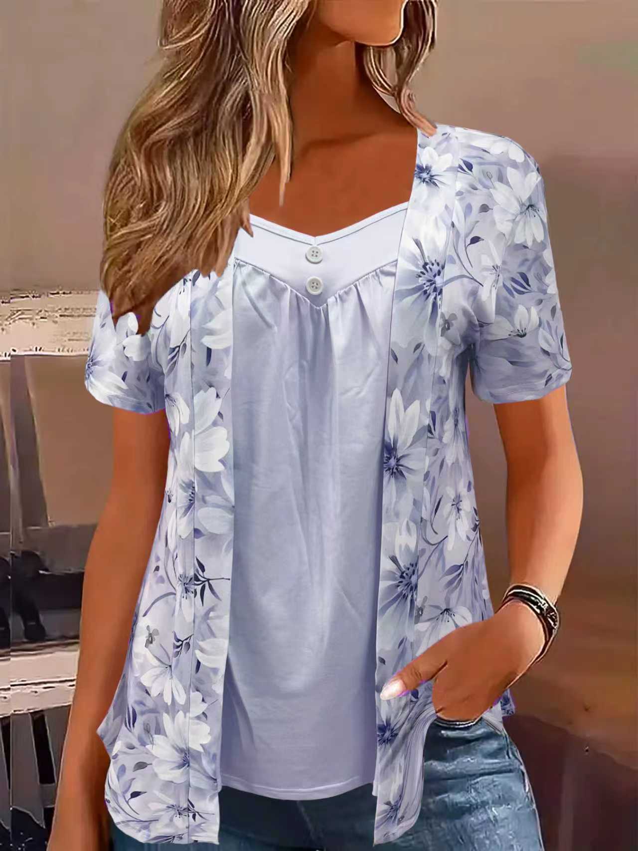 Women's Fake Two Pieces Sleeve Printed Fashion Large Size T-shirt