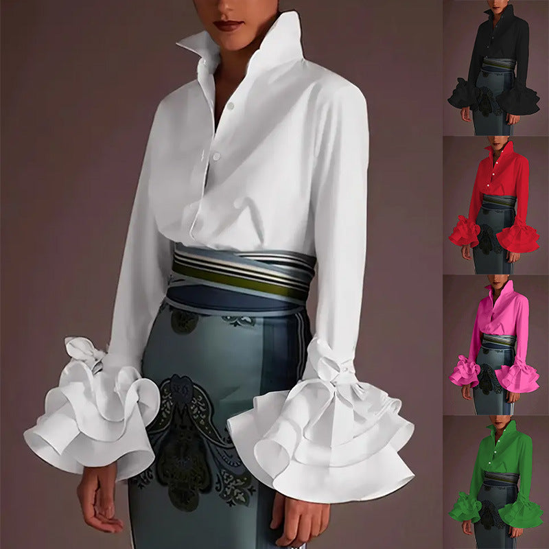 Women's Spring Fashionable Ruffle Cuff Lace Up Casual Blouse