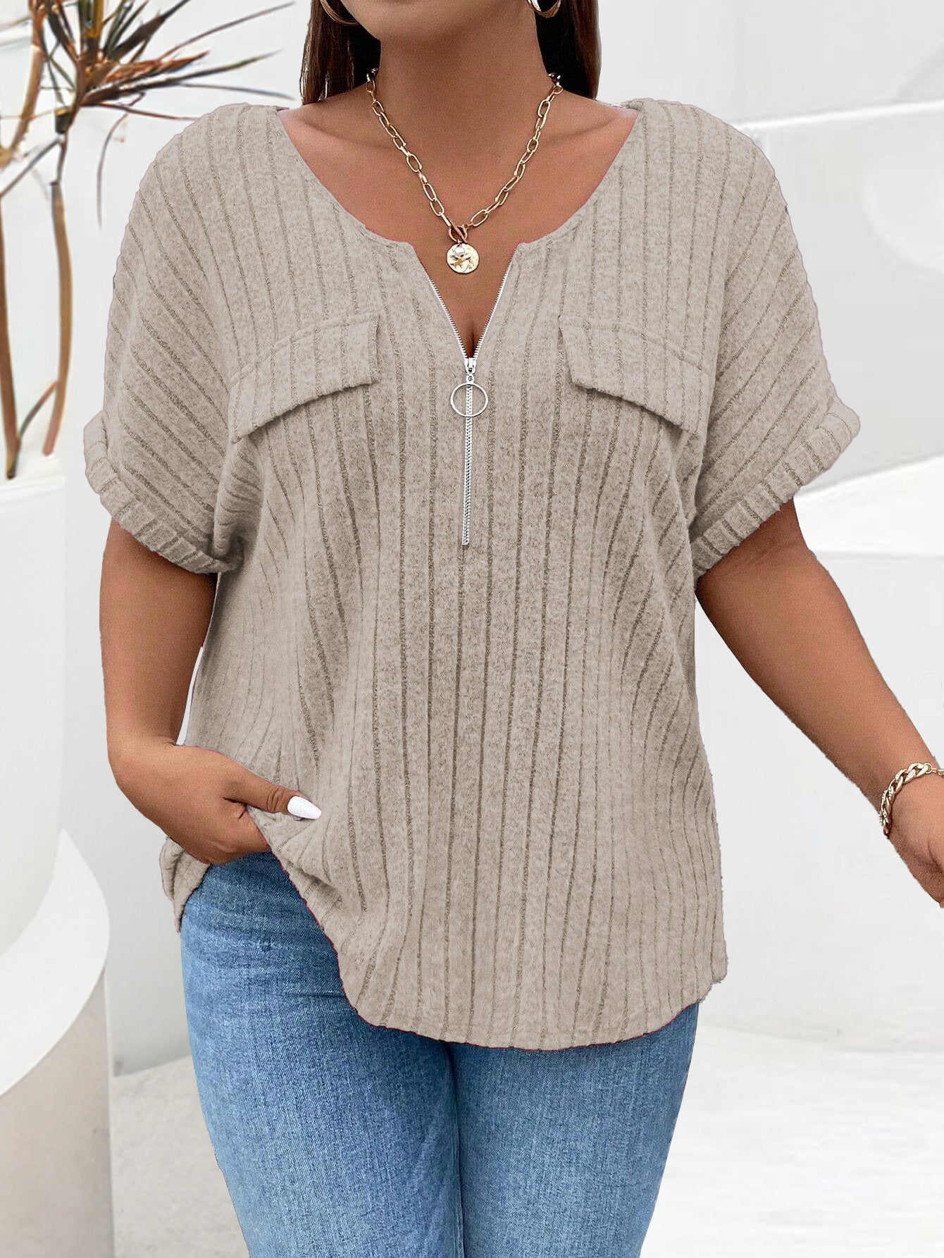 Women's Solid Color Clothes Zipper Sleeve Faux Pocket Pullover Tops