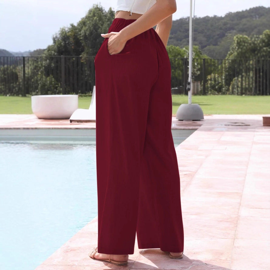 Women's Cotton Linen Drawstring High Waist Wide Casual Pants