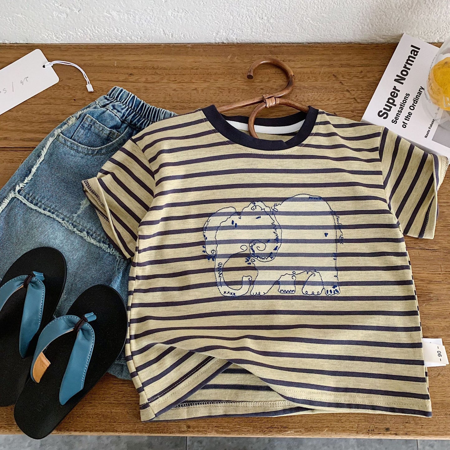 Children's Short-sleeved Summer Embroidered Elephant Striped Western Style Children's T-shirt