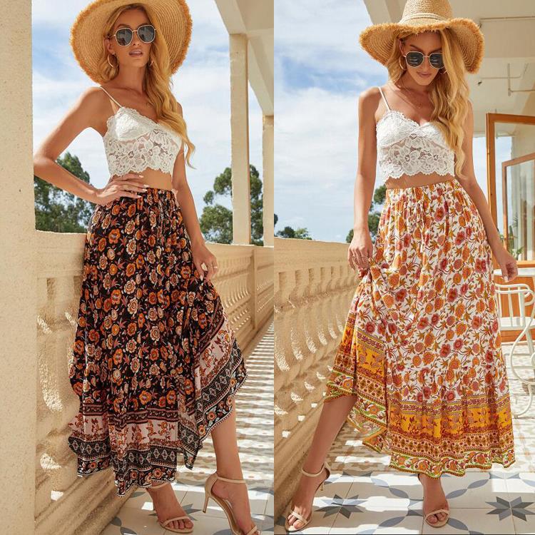 Women's Summer High Waist Print Breasted Split Skirt