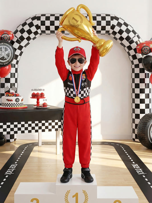 Children's Black One-piece Racing Plaid Track Style Halloween Party Children's Suit