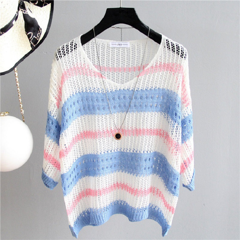 Women's Summer Chic Mesh Small Shirt Thin Loose Large Striped Sleeve Women's T-shirt