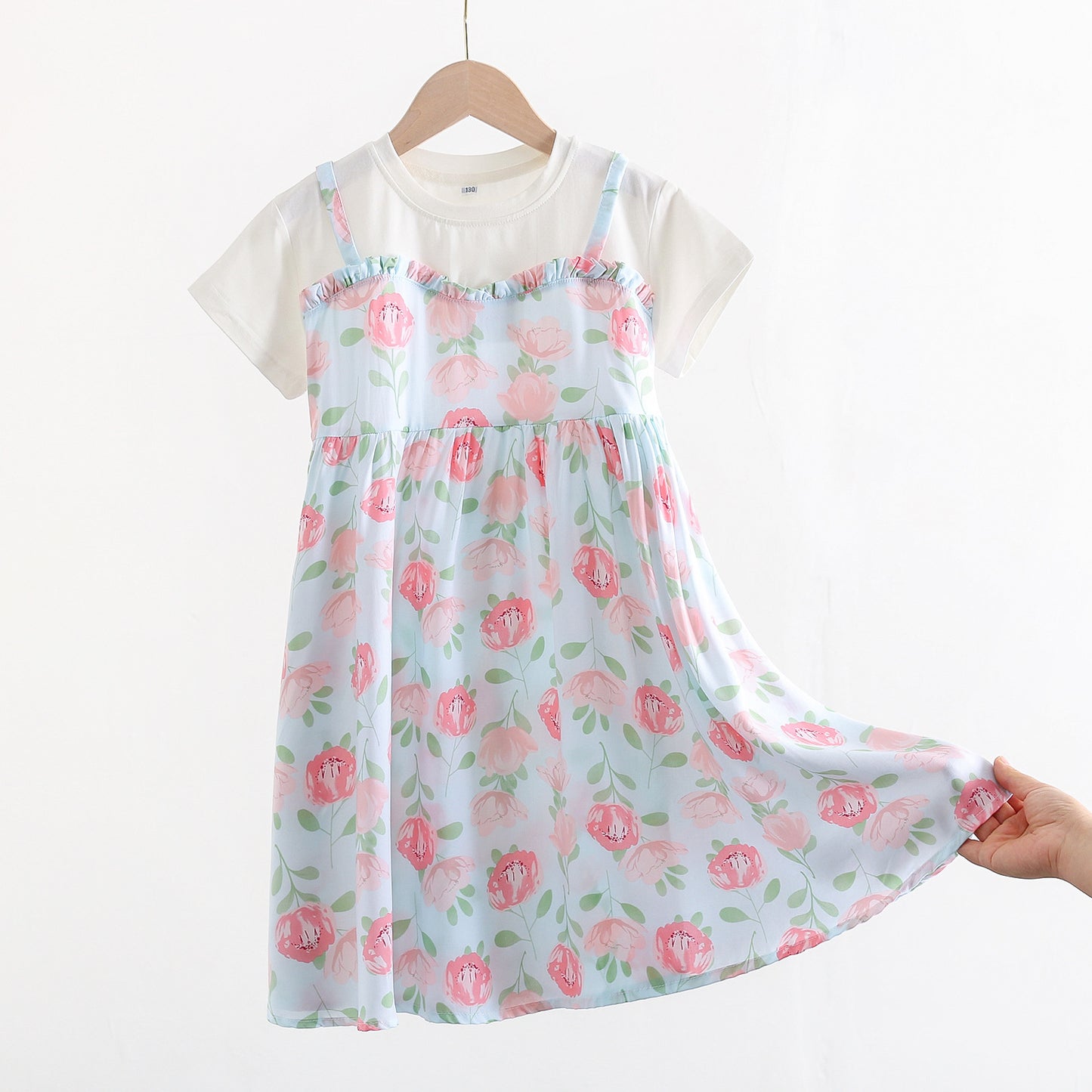 Children's Large Cotton Silk Short Sleeve Fake Two Pieces Artificial Summer Children's Dress
