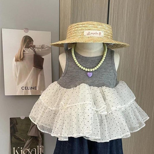 Children's Fashion Dot Mesh Vest Skirt Top Children's Suit