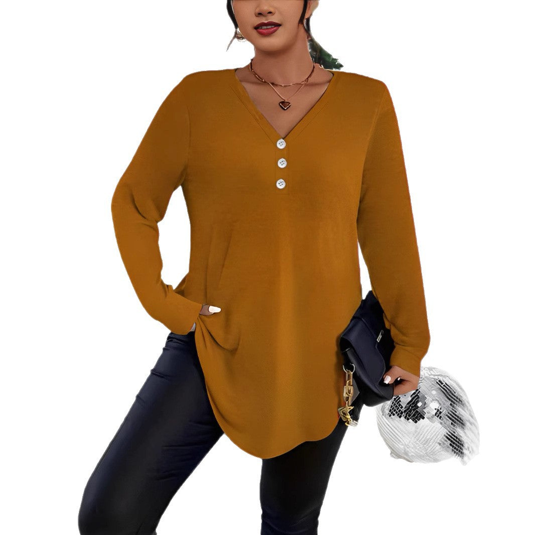 Women's Clothes Buttons Solid Color Long-sleeved Tops